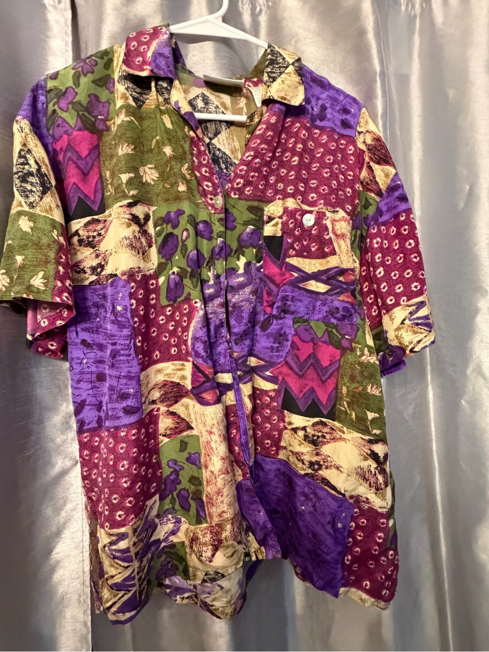 100% Silk Short-Sleeve Button Shirt in Purple, Green & Cream